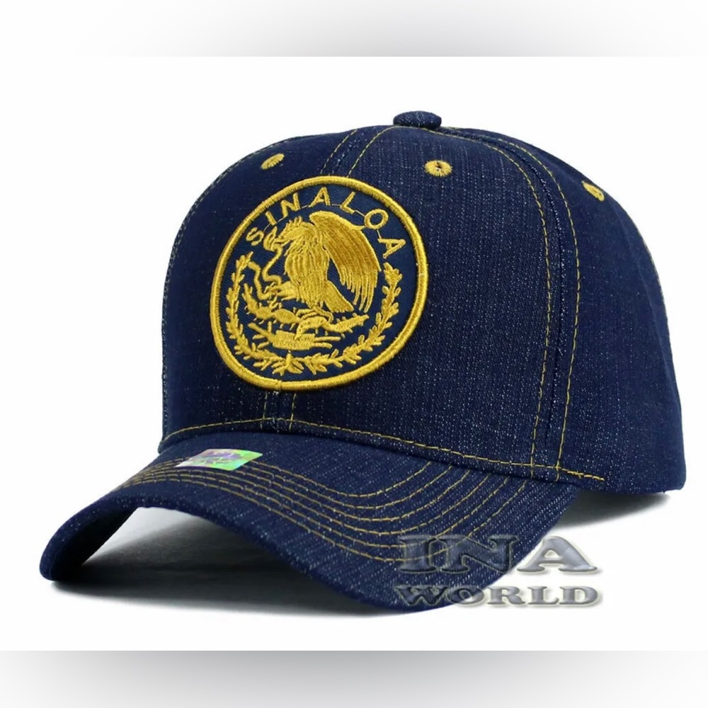🇲🇽MEXICAN Hat Denim MEXICO Federal State Gold Embroidered Curved Bill Baseball